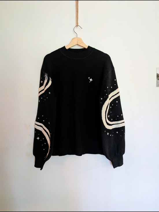 carmico apparel Sweaters - Black Crewneck Sweater with Cream Star & Wave Sleeves